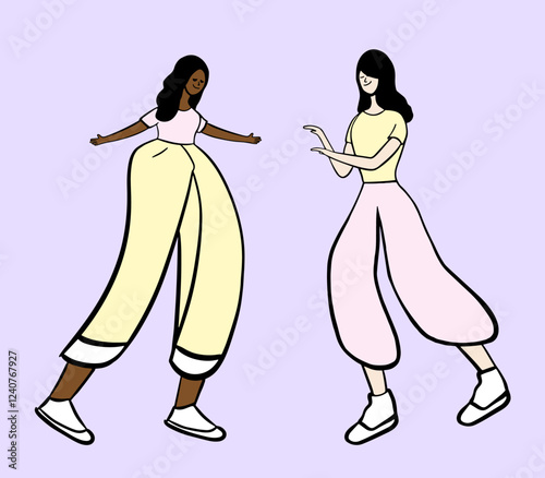 Two girls happily meet. Vector multi-colored illustration.