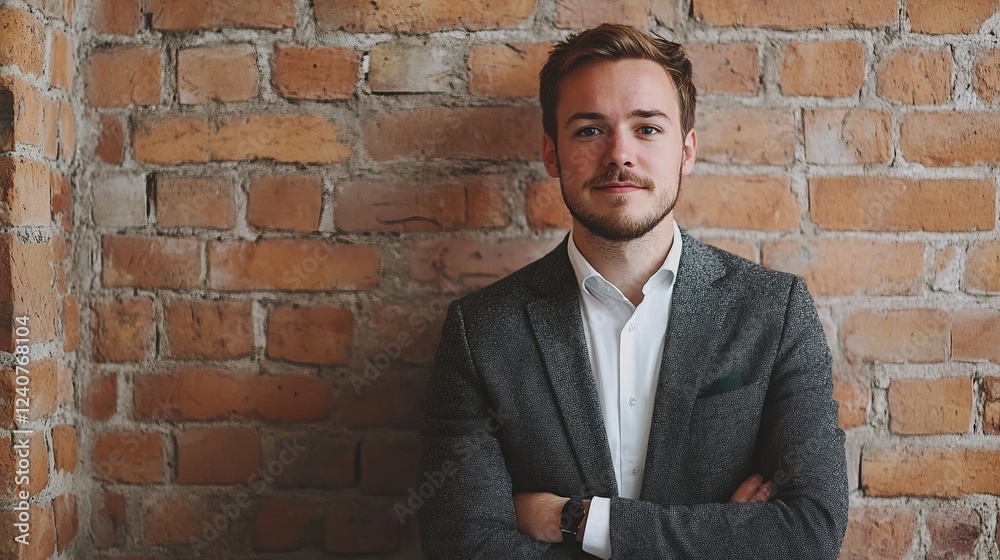 Confident Businessman in a Stylish Suit against a Brick Wall Confident Businessman in a Stylish Suit against a Brick Wall