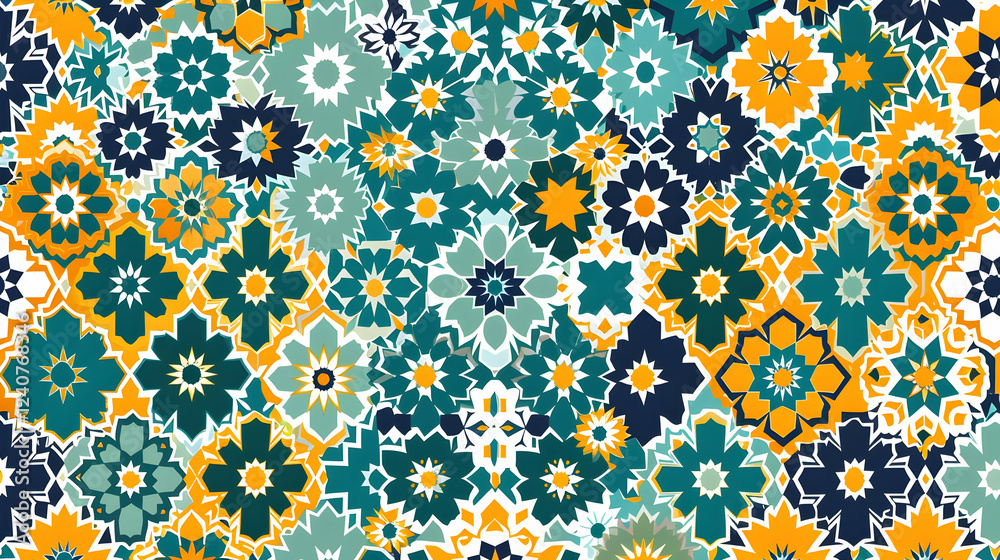 Vibrant floral pattern featuring intricate geometric designs in teal, navy, and orange hues