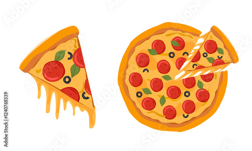 Pepperoni pizza with cut off slice, melted cheese Round pizza with salami and olives top view Vector illustration of fast food on isolated background.