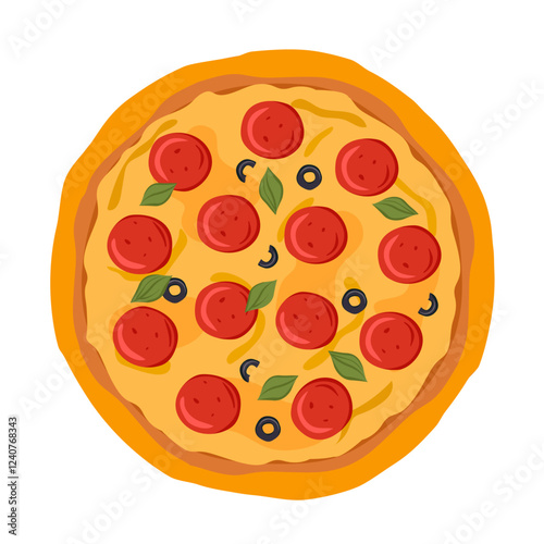 Pepperoni pizza, round pizza with salami and olives Vector illustration of fast food on isolated background.