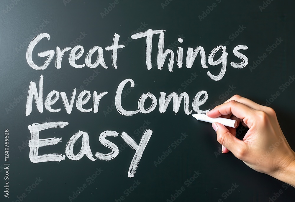 Great Things Never Come Easy: Bold Chalk Writing on a Dark Background  Motivational quotes best for wall art or print