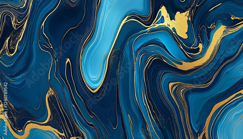 Abstract blue and gold marble background with fluid lines of swirling patterns, creating an elegant wallpaper design