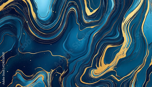 Abstract blue and gold marble background with fluid lines of swirling patterns, creating an elegant wallpaper design