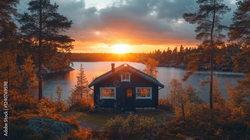 Fototapeta Naklejka Na Ścianę i Meble -  Sunset cabin lake autumn forest postcard