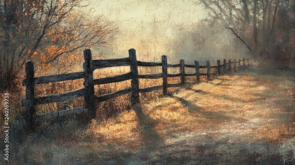 Fototapeta premium A rustic fence creates deep shadows across the morning-dewy grass, with the soft early sunlight breaking through.