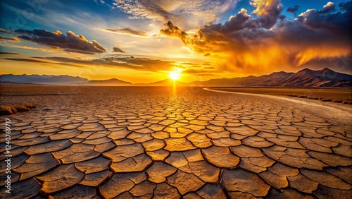 Aerial View of Dry Land Sunset, Dramatic Golden Hour Light Over Arid Landscape