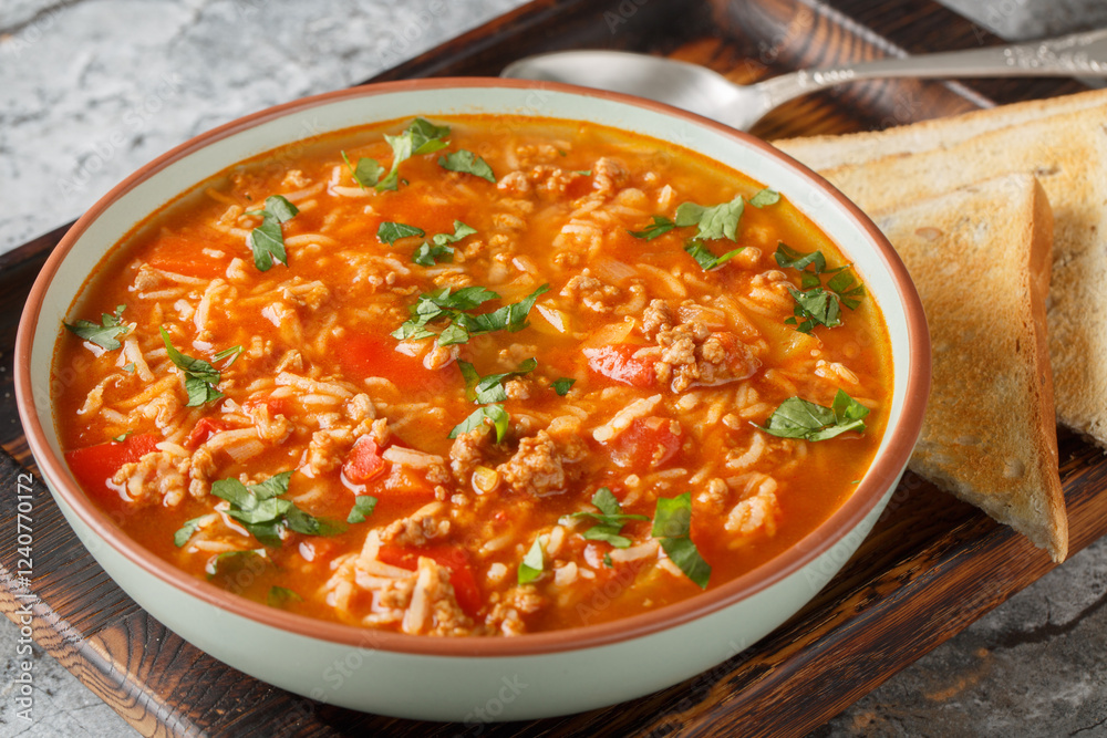 Stuffed pepper soup with ground beef, bell pepper, rice, and tomatoes is a cozy and comforting onepot meal closeup in the bowl on the table. Horizontal
