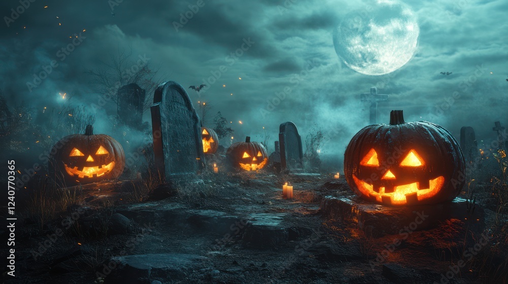 Naklejka premium Halloween jack-o'-lanterns illuminate a foggy cemetery at night under a full moon