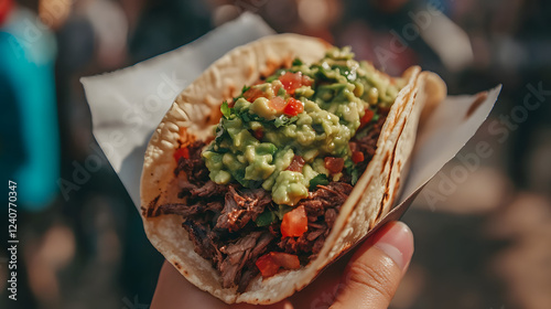 A Mexican taco with seasoned beef, guacamole, salsa, and cheese, offering the bold and flavorful tastes of Mexican street food. photo