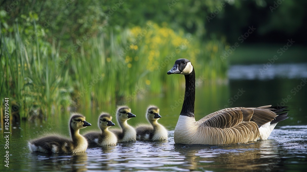 Obraz premium A mother goose swims with her four fluffy goslings in a serene pond surrounded by lush greenery and vibrant flowers.