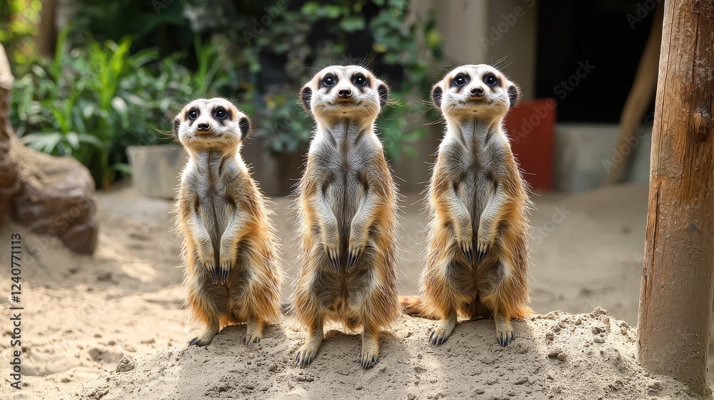 Fototapeta premium Three meerkats stand upright in a sandy area, displaying curious expressions, surrounded by greenery.