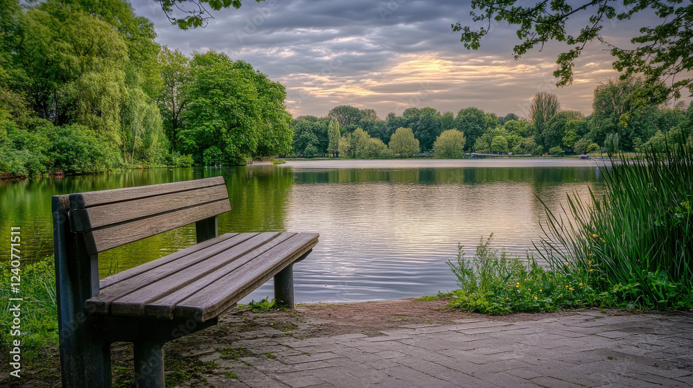 Park bench near calm lake with lush greenery peaceful nature scenic outdoor relaxation quiet place for meditation landscape travel