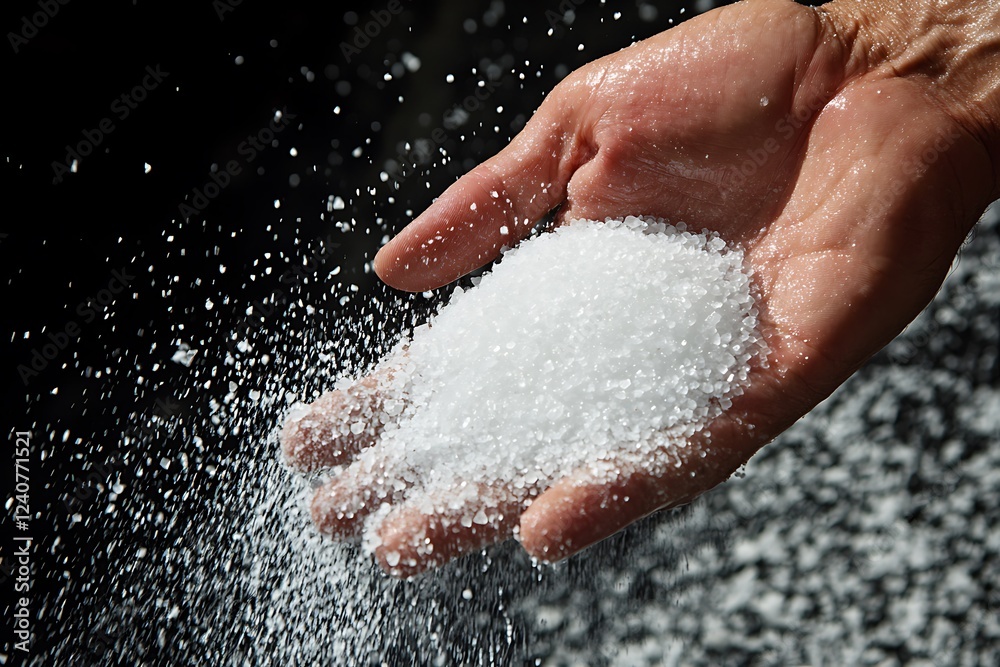 Fototapeta premium Sugar powder in hand on black background, close up shot