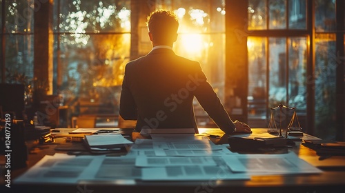 Professional legal setup for a constitutional lawyer showcasing sharp focus on legal amendments the constitution and legal drafts while the lawyer remains softly blurred photo