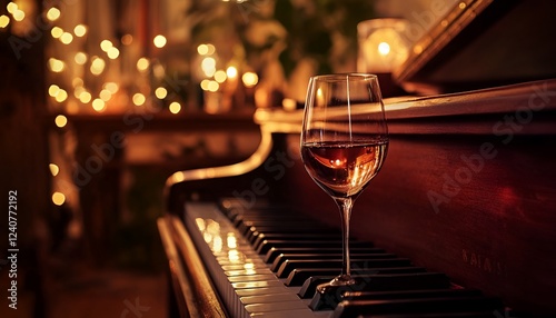 A smooth jazz scene with a piano, a glass of wine, and soft ambient lighting
