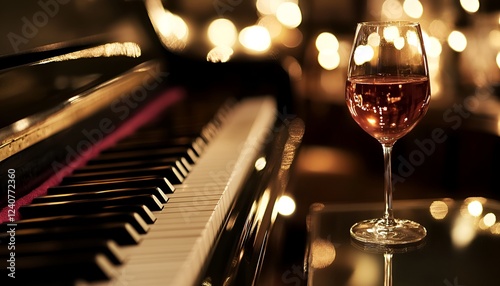 A smooth jazz scene with a piano, a glass of wine, and soft ambient lighting