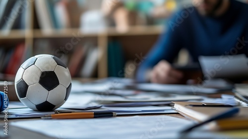 Professional legal setup for a sports lawyer showcasing sharp focus on athlete contracts endorsement agreements and legal manuals while the lawyer remains softly blurred