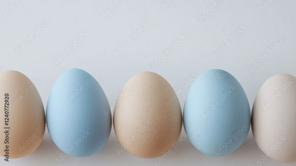 Blue and beige Easter eggs on a light background, space for text, layout for Easter card or banner Blue and beige Easter eggs on a light background, space for text, layout for Easter card or banner