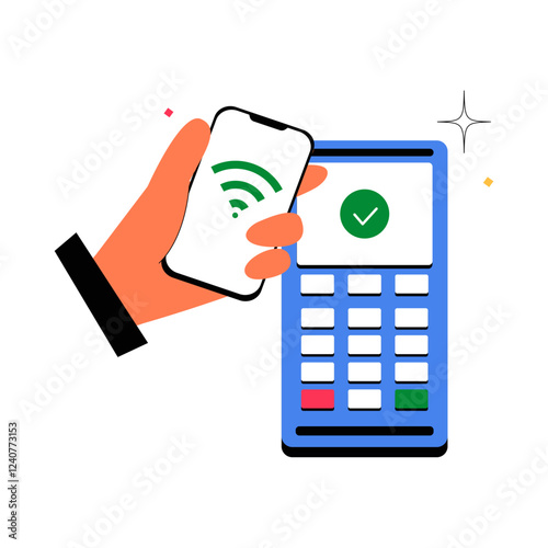 Mobile Payment With Smartphone Using Contactless Technology On POS Terminal. Flat Vector Illustration About Digital Wallet, Wireless Transactions, And Secure Payments, Isolated On White