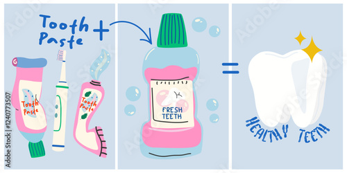 World Dentist day collection of greeting cards. Dental cleaning tools poster. Oral care and hygiene products. Electric brush, irrigator, toothpaste, dental rinse. Health teeth banner set