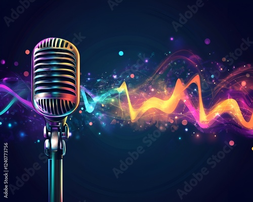 A stylish design with a vintage jazz microphone, colorful lights, and dynamic sound waves