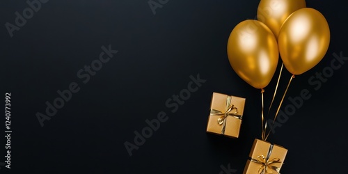 Elegant Gold Balloons and Gifts on Black Background for Celebration