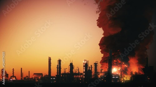 Burning oil and gas factory. Oil refinery burning, drone attack.