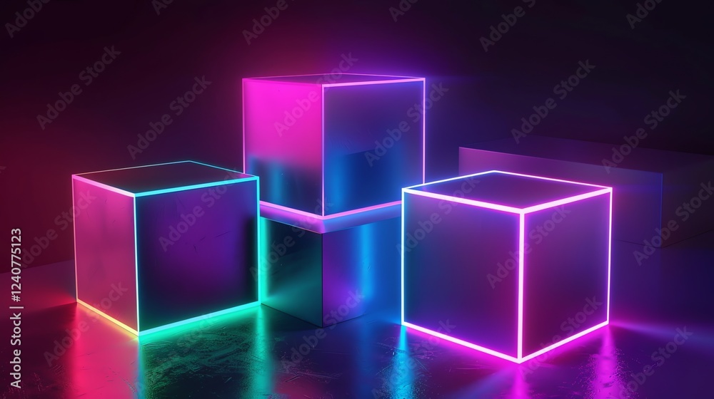 A 3D render of geometric shapes with neon lights. A 3D render of geometric shapes with neon lights.