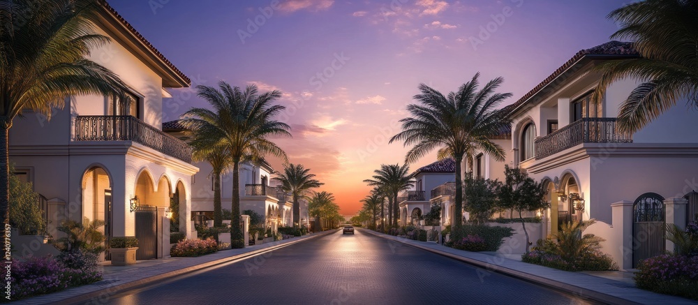 Luxury Villas at Sunset: A Serene Mediterranean Street Luxury Villas at Sunset: A Serene Mediterranean Street