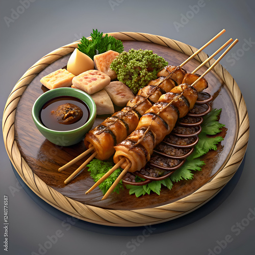 Grilled Squid Skewers with Side Dishes. Japanese Cuisine photo