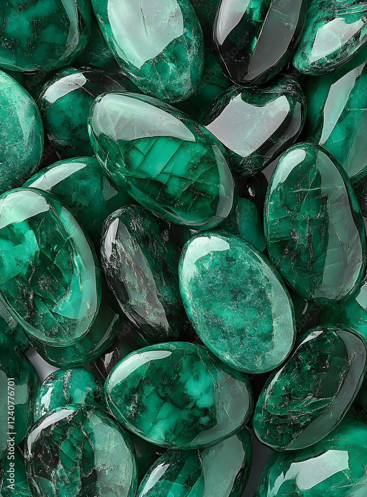 Fototapeta premium A pile of oval-shaped, glossy green stones with intricate patterns and textures. They appear to be made from jade or other semi-precious gemstones, reflecting light in various shades of emerald 