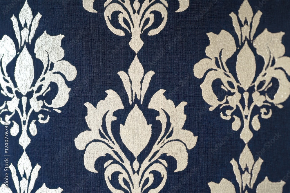 Elegant Damask Fabric Texture: Navy Blue and Silver Floral Pattern