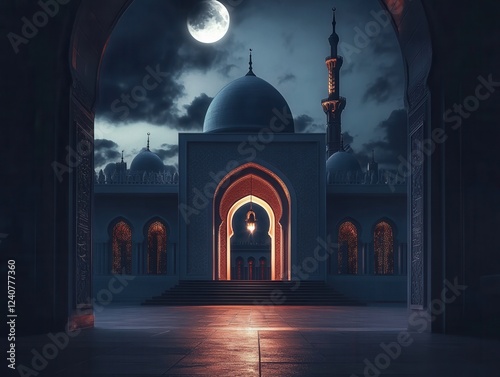 Majestic Mosque at Night Under a Full Moon photo