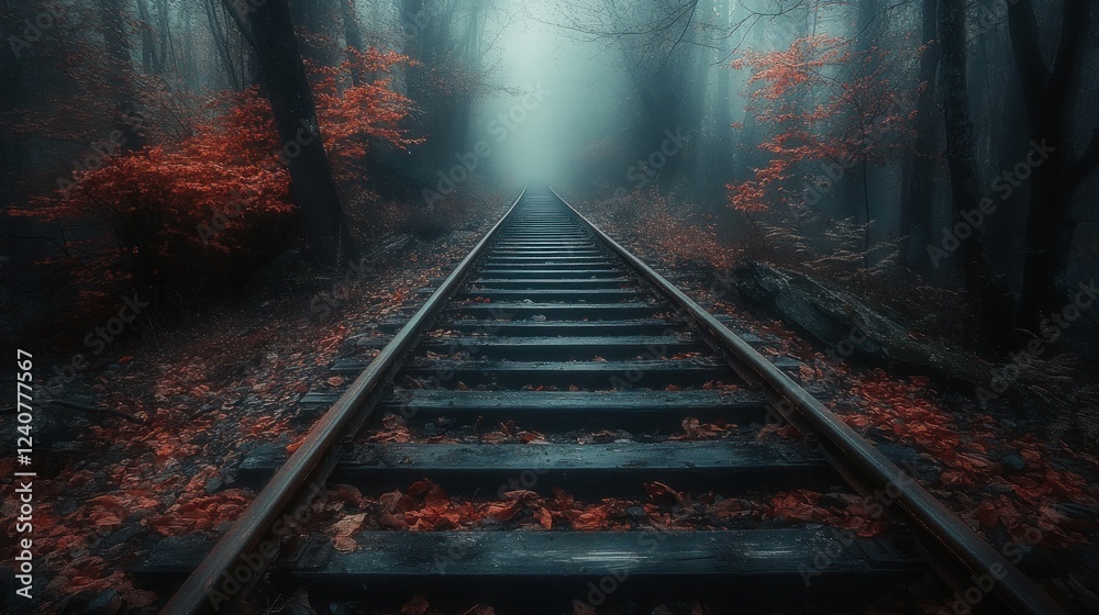 Naklejka premium Autumnal forest railway track disappearing in fog