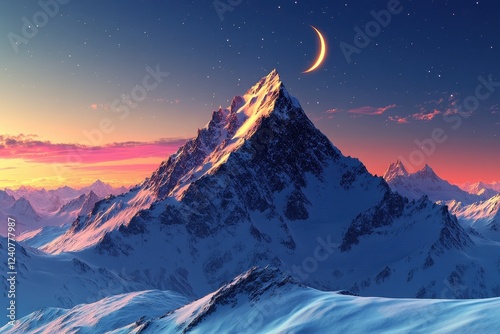 Majestic snow capped mountain peak under a crescent moon and starry night sky photo