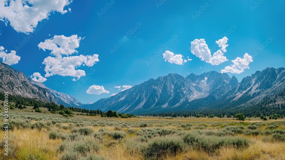 Fototapeta premium A wide-angle shot of a sunny summer day, capturing a panoramic view of towering mountains and inviting travelers to explore the scenic wilderness.