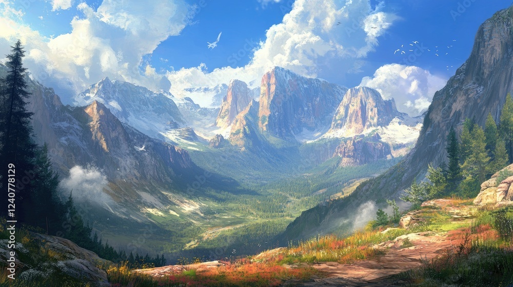 Fototapeta premium A wide-angle shot of a sunny summer day, capturing a panoramic view of towering mountains and inviting travelers to explore the scenic wilderness.