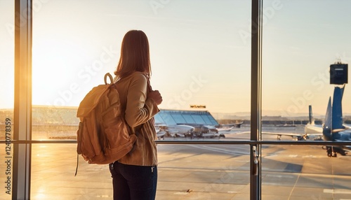 A young traveler with a backpack standing at an airport terminal, looking at the flight photo