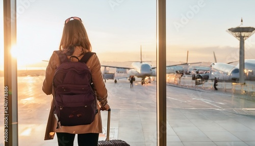 A young traveler with a backpack standing at an airport terminal, looking at the flight photo