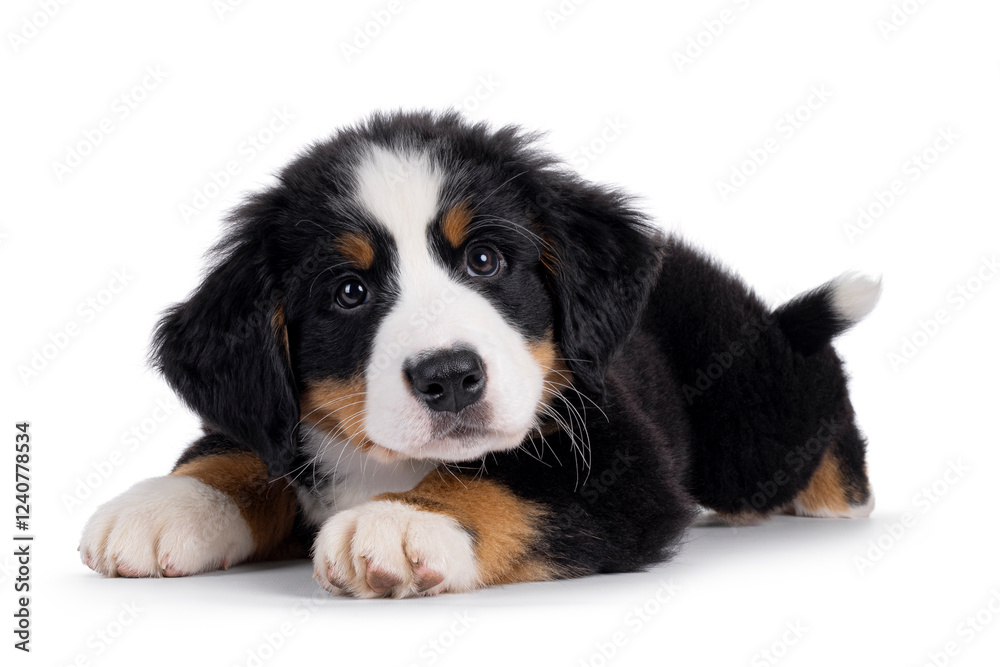 Adorable Bernese Mountain dog puppy, laying down side ways. Looking naughty to camera. Isolated on a white background. Adorable Bernese Mountain dog puppy, laying down side ways. Looking naughty to camera. Isolated on a white background.