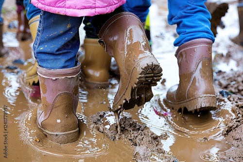 Wallpaper Mural Children wearing rubber boots play in muddy puddles, showcasing a fun, adventurous outdoor activity. Torontodigital.ca