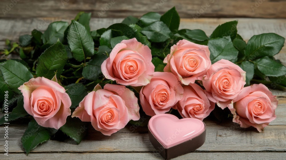 A Heartwarming Bouquet: Delicate Pink Roses Arranged in a Heart-Shaped Box, Accented with a Chocolate Heart, Perfect for Valentine's Day or Any Occasion to Express Your Love and Affection A Heartwarming Bouquet: Delicate Pink Roses Arranged in a Heart-Shaped Box, Accented with a Chocolate Heart, Perfect for Valentine's Day or Any Occasion to Express Your Love and Affection