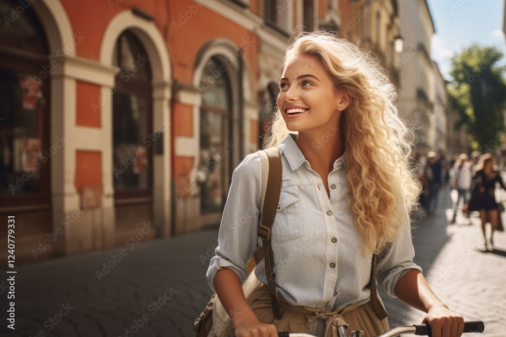 Fototapeta premium Smiling blonde woman with backpack riding a bicycle in a historical european city center