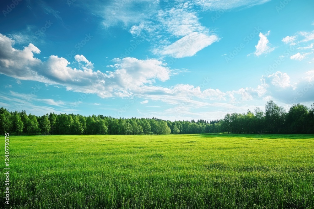 Obraz premium Expansive green meadow under a blue sky filled with fluffy clouds in a serene natural setting. Generative AI