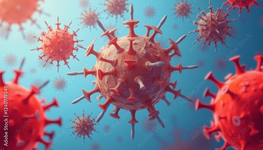 Red virus particles floating in a blue liquid environment representing the spread of infectious diseases. Red virus particles floating in a blue liquid environment representing the spread of infectious diseases.