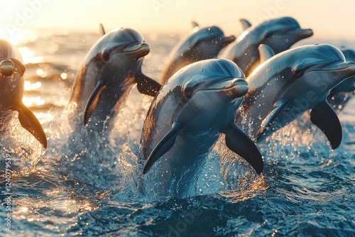 Dolphins leaping playfully in golden ocean sunset