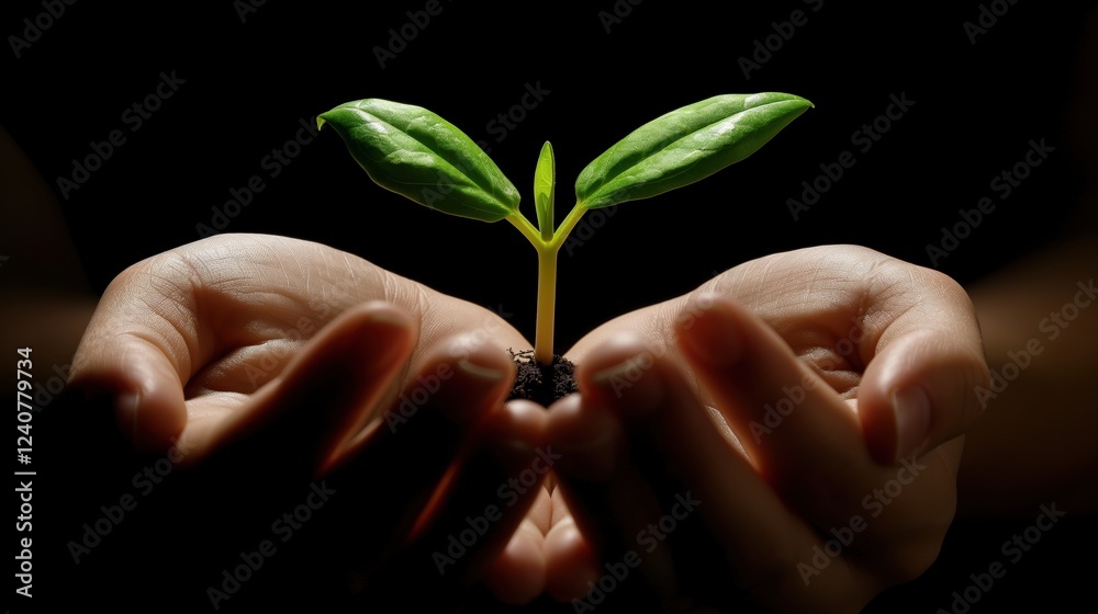 A small green plant grows in the dirt. The plant is small and has many leaves. The young plant grows out of the soil. Ecology concept. Farming, agriculture, gardening. A small green plant grows in the dirt. The plant is small and has many leaves. The young plant grows out of the soil. Ecology concept. Farming, agriculture, gardening.