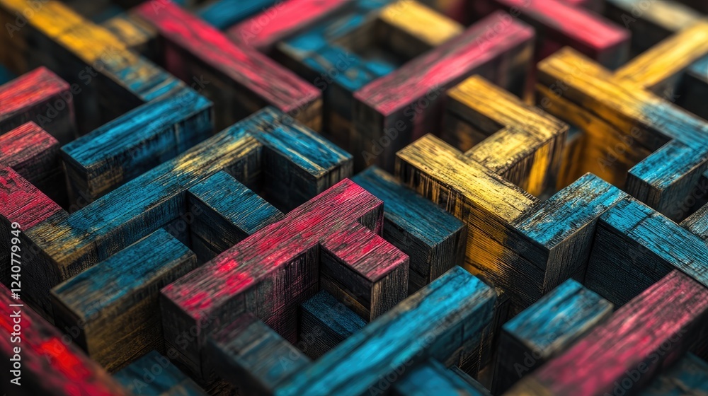 An abstract, generative AI-inspired wooden maze with narrow, colorful paths in blue, red, and yellow, creating a dynamic visual. An abstract, generative AI-inspired wooden maze with narrow, colorful paths in blue, red, and yellow, creating a dynamic visual.