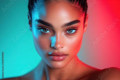 A striking portrait of a young biracial woman with vibrant blue eyes, beautifully lit with red and blue hues. Colorful Glow, Dual-Tone Studio Lighting